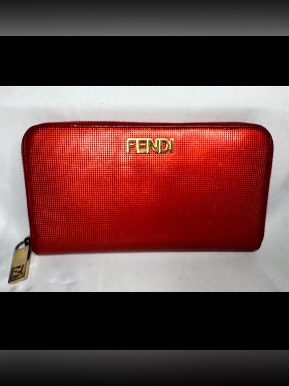 FENDI Gold Metallic Red Logo Zip Around Wallet w/ COA!!
